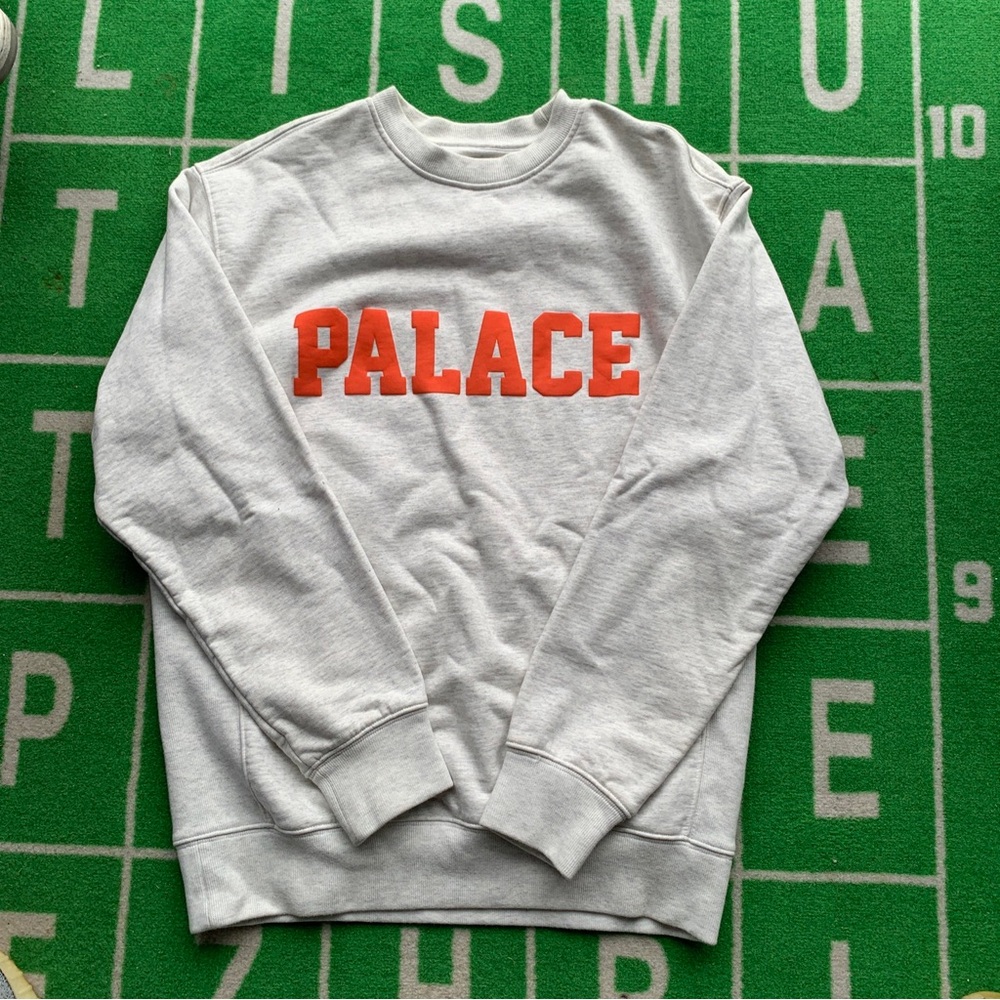 PALACE Light Gray Crewneck with Bold Orange Text